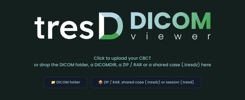 tresD DICOM start screen with the DICOM folder and ZIP / RAR buttons